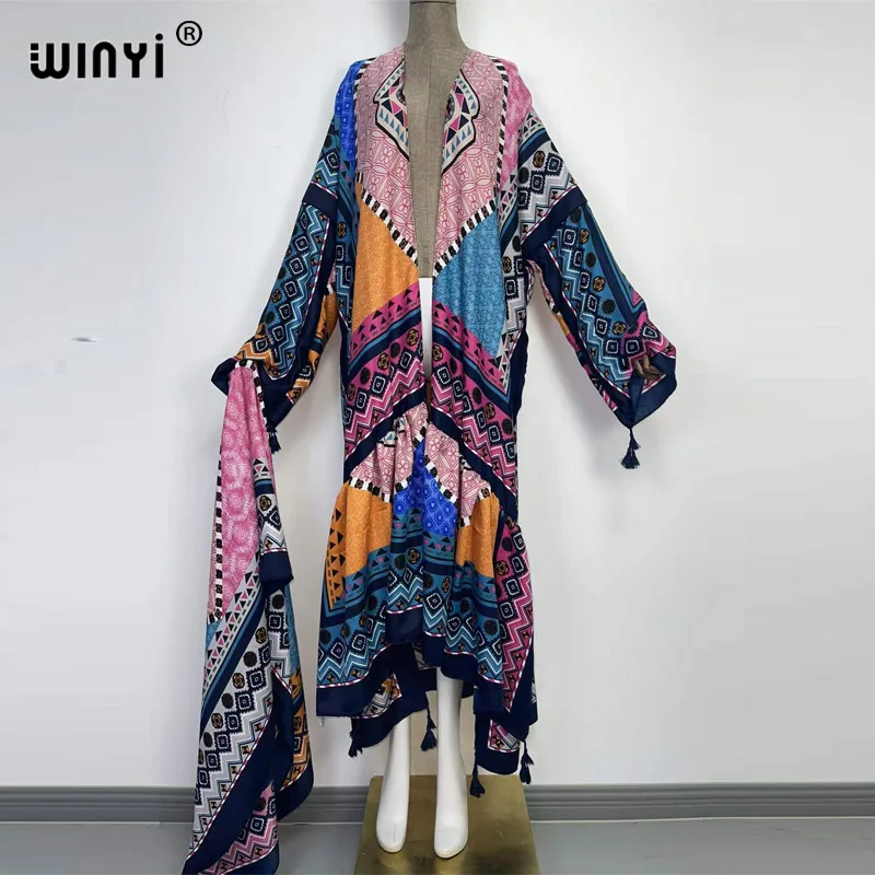 Europa WINYI donna kimono moda Vintage Totem floreale caftano stampa vita sigillo camicia Midi abito manica lunga abiti Casual