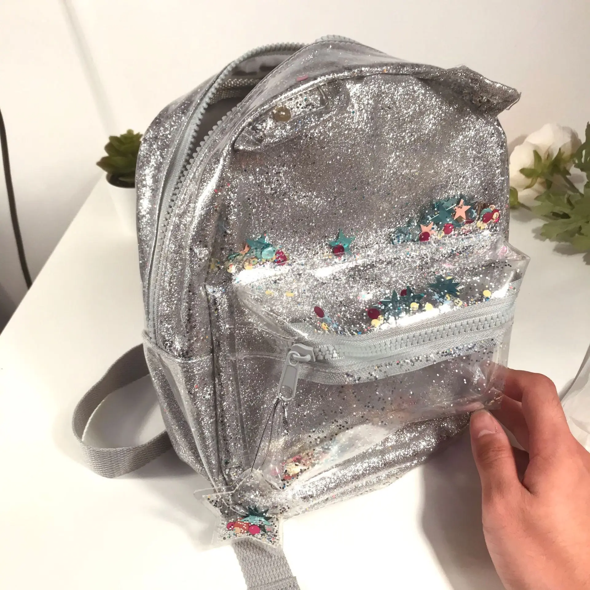 Mochila com pingente de estrela-gatinho-prata