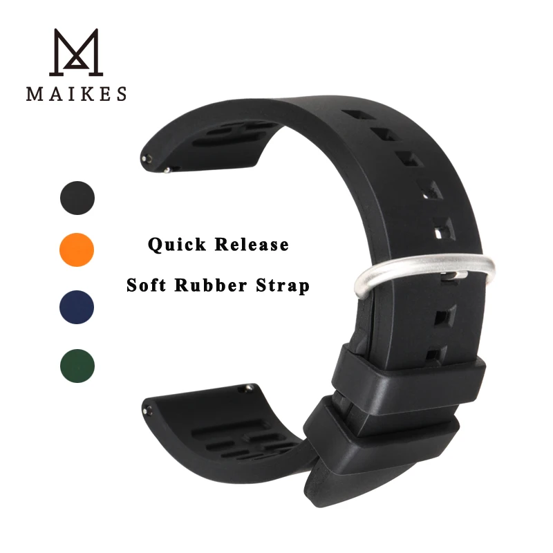 MAIKES Black Fluoro Rubber Watch Strap 19 20 21 22 24mm Quick Release Replacement Bracelet Men Sport Diving Silicone Watch Bands