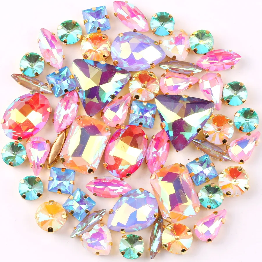 Goldene Krappenfassung 50 Stück/Beutel 11 Formen Mix AB Farben Glaskristalle zum Aufnähen Strass-Kristalle für Hochzeitskleider Schuhe Taschen DIY-Verzierung – Detail 6