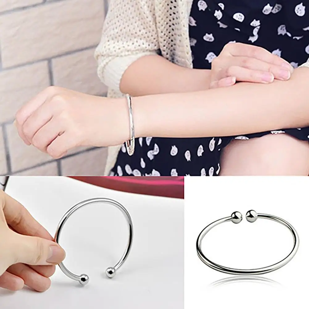 19.5cm Fashion Simple Women\'s Stainless Steel Silver Plated Open Hand Cuff Bracelet Simple Beads Bangle