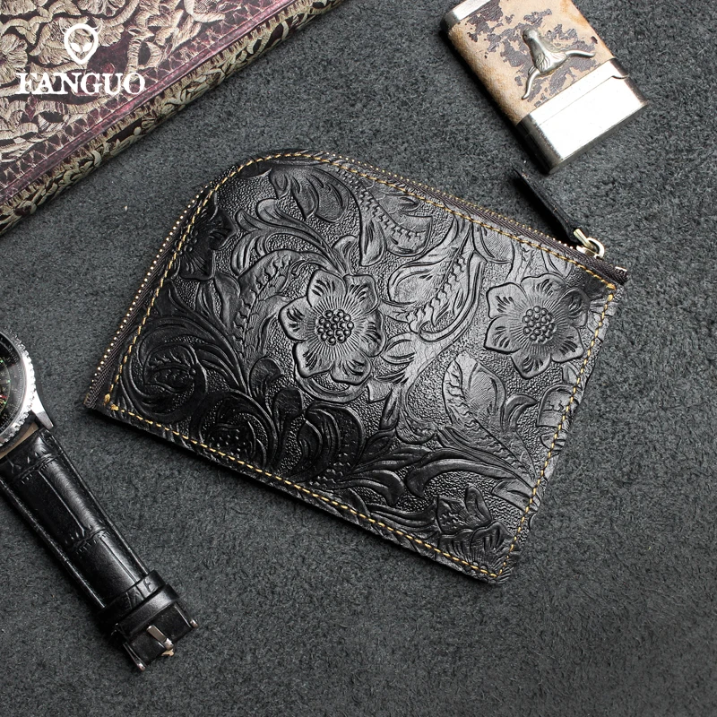 Genuine Leather Vintage Chinese Design Coin Purses Men Credit Card Holder Pocket Mini Women's Wallet Cowhide Men Wallets
