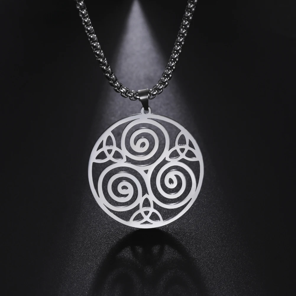 Triqueta Triple Spiral Pendant Necklace for Men Stainless Steel Necklaces Viking Jewelry Wicca Amulet Accessories Box Chain image 2