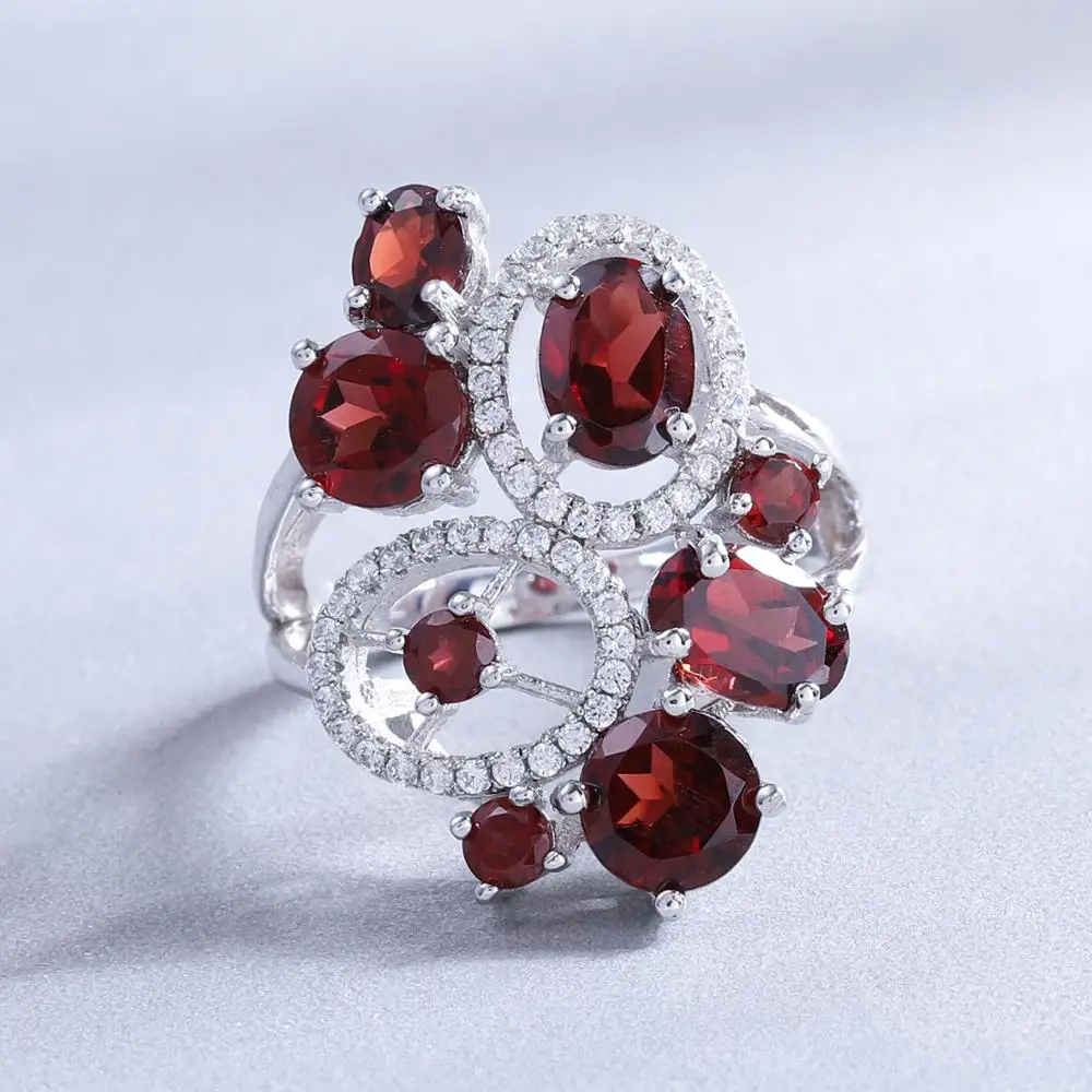 GEM\'S BALLET Natural Red Garnet Vintage Flower Jewelry Set 925 Sterling Silver Gemstone Earrings Ring Set For Women Fine Jewelry