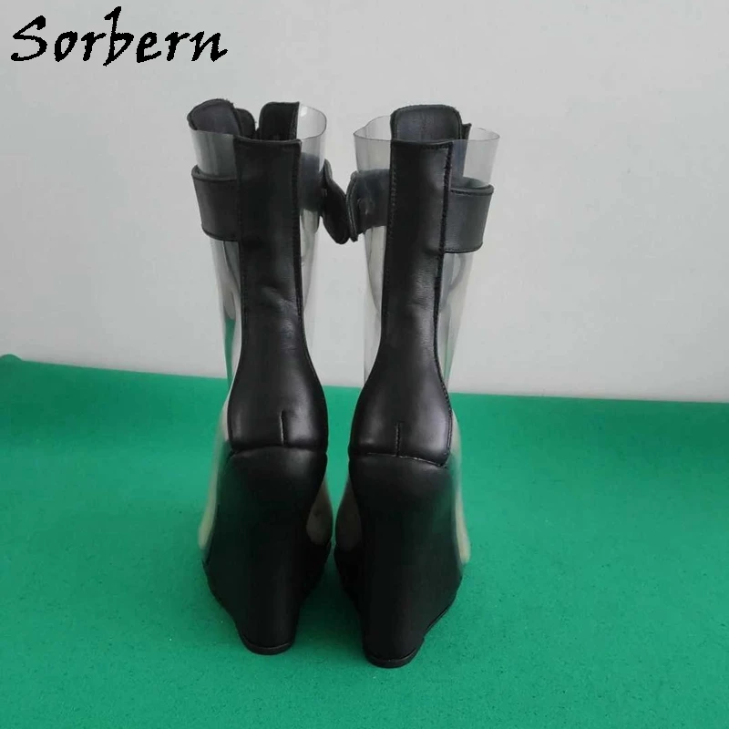 Sorbern stivali in pelle di mucca opaca nera donna stivaletti alti con lacci scarpe con plateau senza tacco punta tonda scarpe Fetish stivaletti