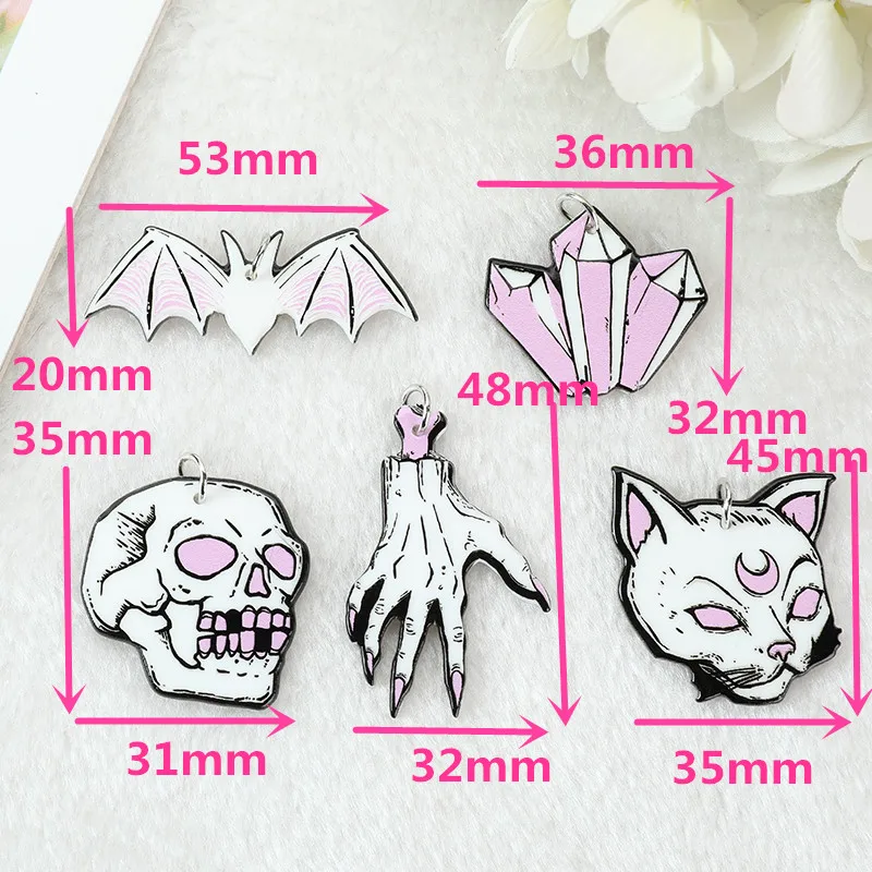 10 Pcs Halloween Charms Punk Witches Crafts Skull Hand Cat Bat Crystal Acrylic Jewlery Findings For Earring Necklace Diy Making