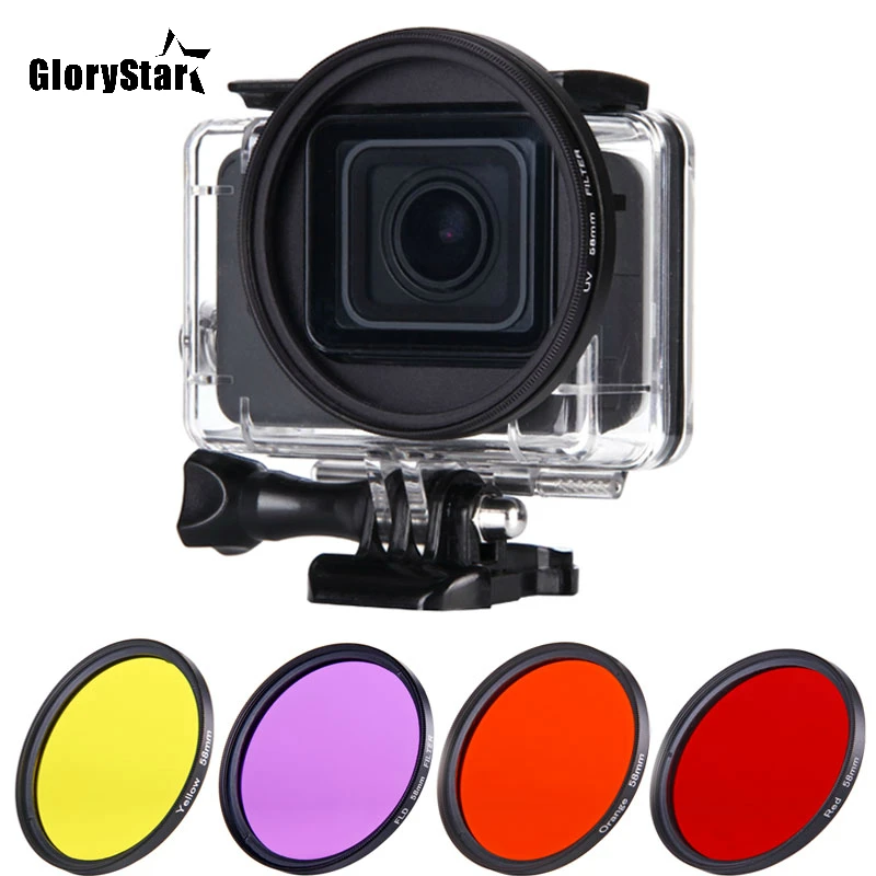 58mm UV CPL FLD Red Yellow Purple Orange Color Filter +Lens Cap+ Adapter Ring for gopro Hero 5 6 Waterproof Housing Case Filter