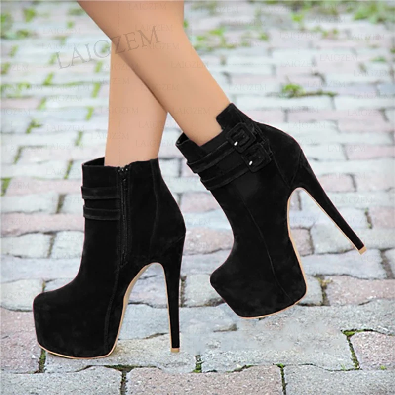 SEIIHEM Women Ankle Platform Boots Faux Suede Zip Up Thin High Heels Booties Party Unisex Shoes Woman Large Size 42 44 50 52