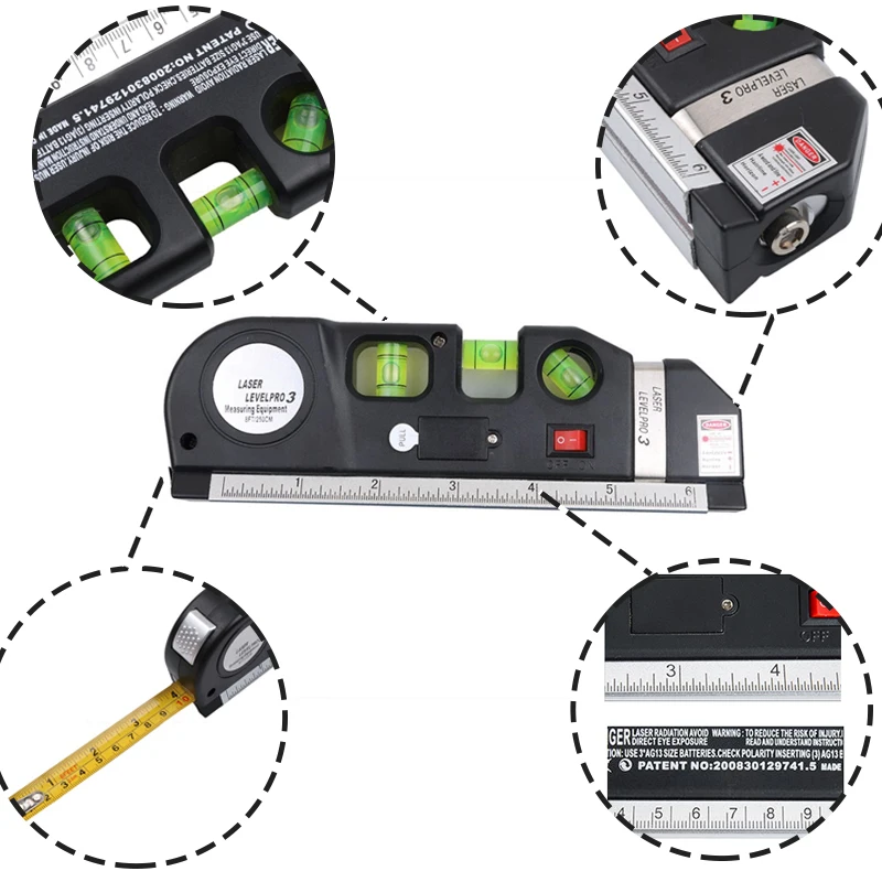 Laser Level Horizon Vertical Measure 8FT Aligner Standard and Metric Rulers Multipurpose Measure Level Laser Black