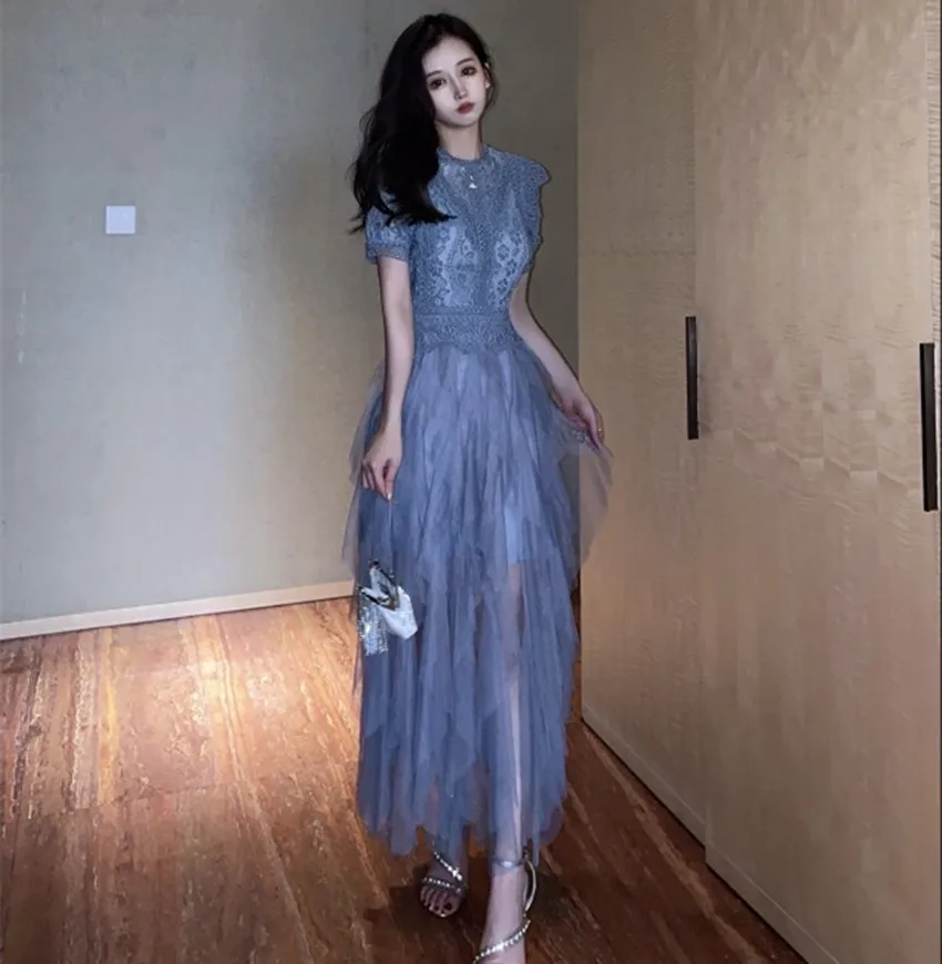 JSXDHK New Runway Designer Summer Dress Fashion women\'s manica corta in pizzo Patchwork Mesh Layers Ruffles Ball Gown abiti lunghi