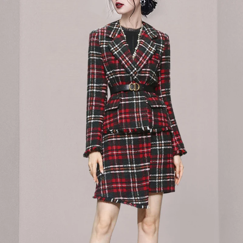 Luxury Design Tweed Women gonna Suit donna Plaid Red risvolto cintura Blazer giacca + nappa gonne irregolari Lady 2 pezzi Set