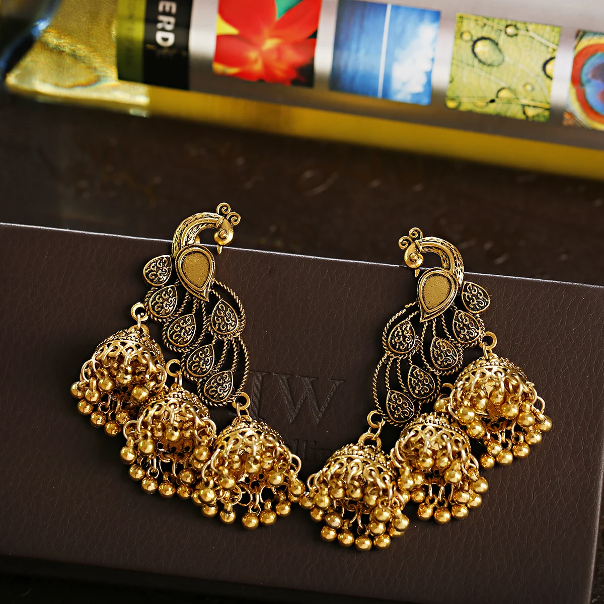 Bohemia Retro Gold Color Earrings Alloy Tassel Beads Pearl Bell Ear Stud for Women Peacock Style Indian Jewelry Jhumka Jhumki