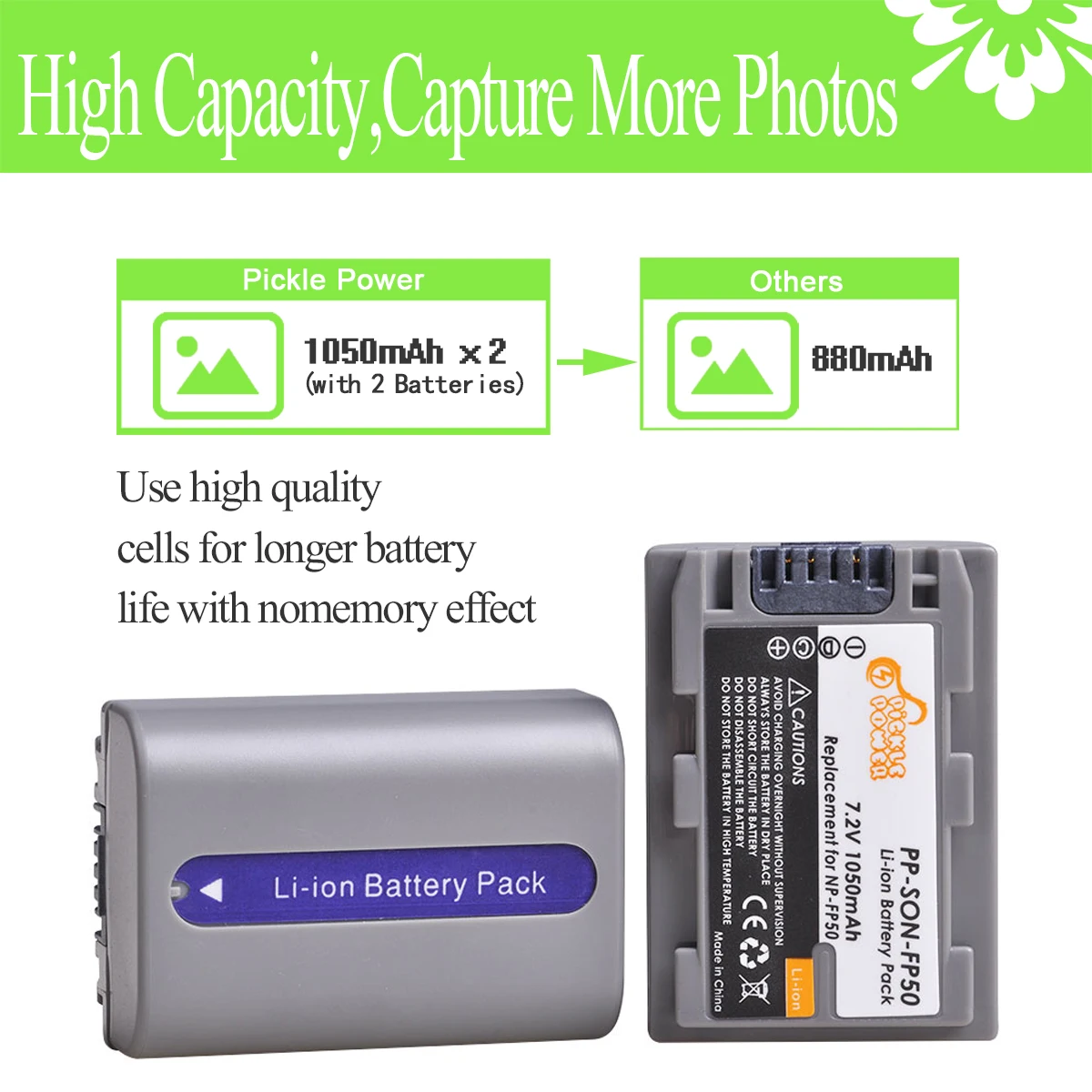 

Pickle Power NP-FP50 NP-FP51 NP-FP30 Battery For Sony DCR-30 DVD103 DVD105 DVD203 DVD205 DVD305 DVD92 HC20 HC21 HC26 HC32 HC36