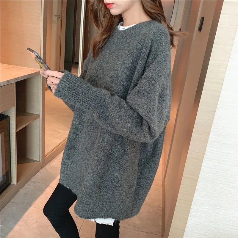 Women Sweater O-Neck Long Sleeve Kintted Loose Sweater Gray Pullover Femme jumper Plus Size Spring Autumn