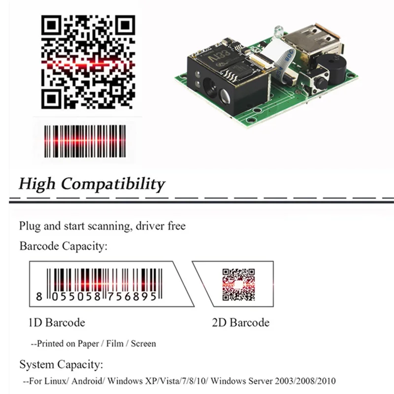 Escáner de código QR para quiosco Raspberry PI, módulo Lector de código de barras, interfaz TTL/RS232/USB, 2D