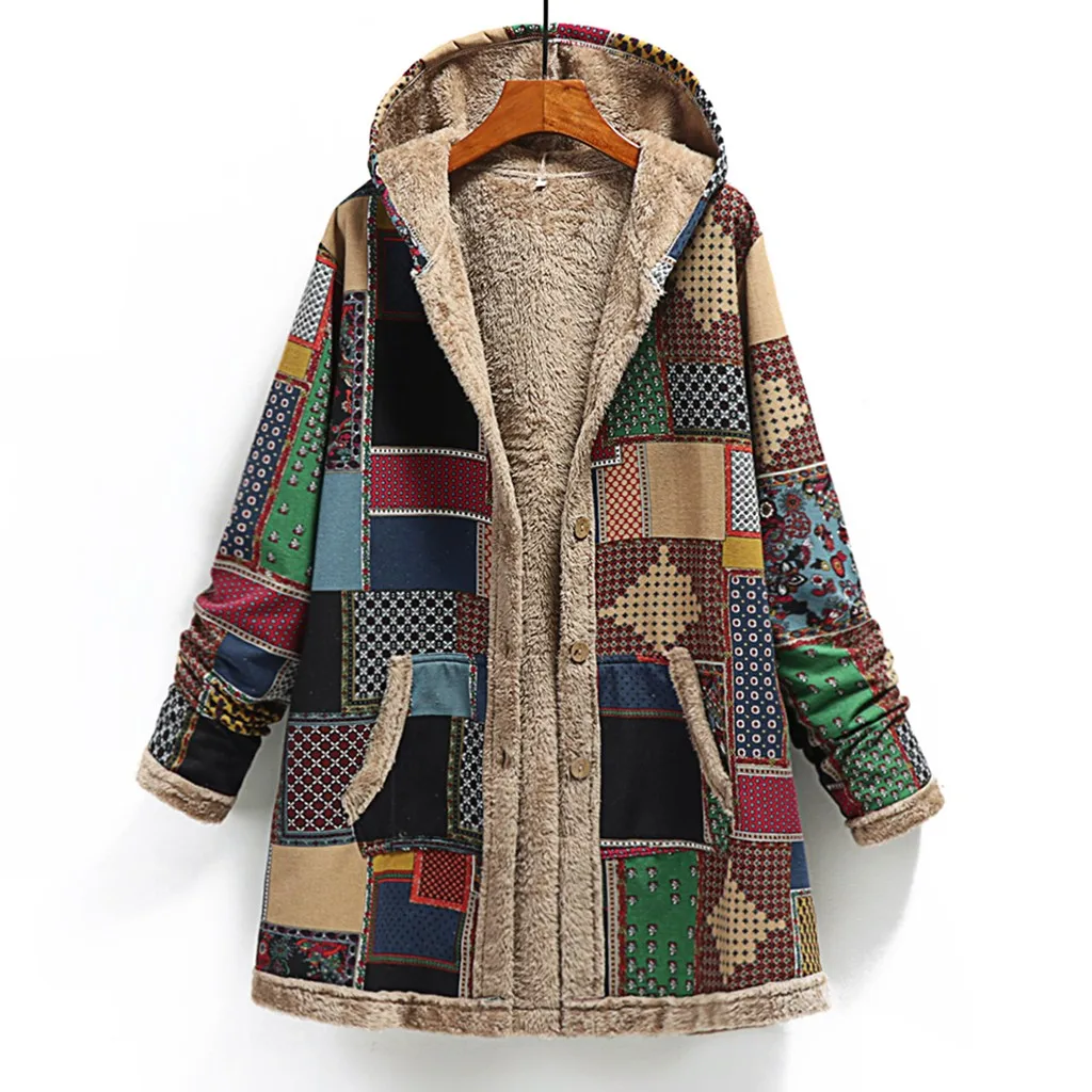 Winter Women\'s Hooded Coat Pocket Cashmere Thick Patchwork Female Jacket Retro Long Sleeve Loose Cotton Linen Printed Lady Coat