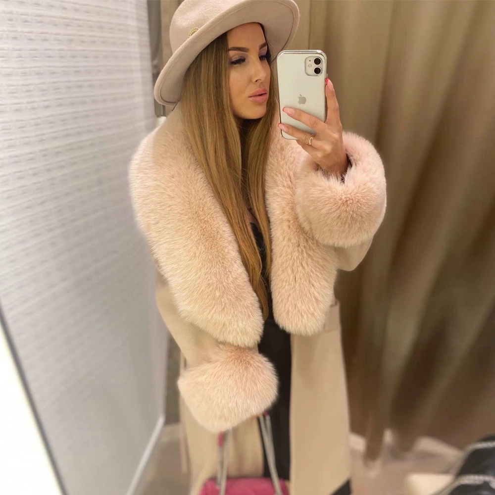 Light Khaki Wool Blends Coats with Thick Fox Fur Lapel Collar Woman Winter Fashion Fur Overcoat Real Fox Fur Cashmere Coats