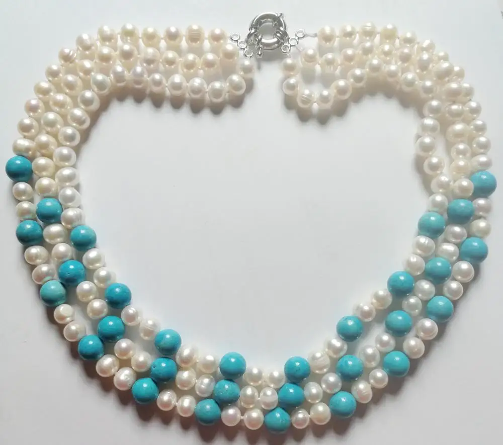 

3 strands 8x9mm white pearl blue stone mixed necklace natural Freshwater PEARL Women Jewelry 35cm 43cm 14'' 17''