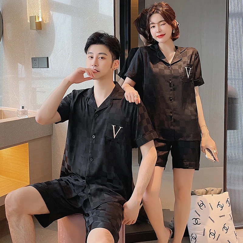2PCS Satin Couple Pajamas Plaid Print Ice Silk Sleepwear with Turn-Down Collar Shirt And Shorts Summer Nightwear Home Clothes 2
