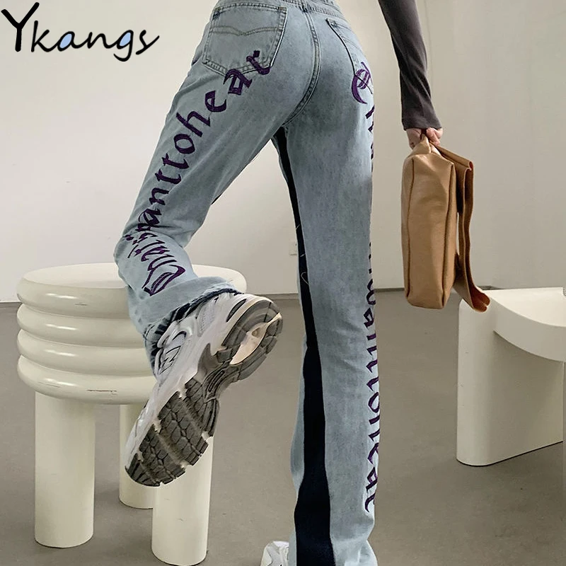 

Letter Embroidery Loose Straight Blue Jeans Women'S High Waist Boyfriend Wide Leg Trousers Streetwear Fashion Splicing Pants