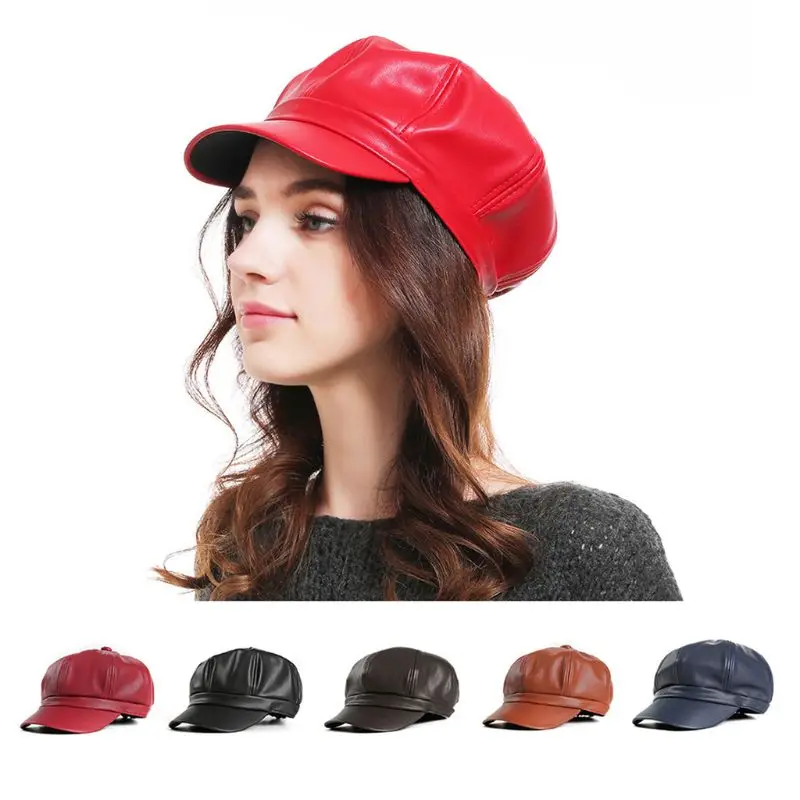 Women Men Faux Leather Newsboy Hats Glitter Solid Color Vintage London Style Cab