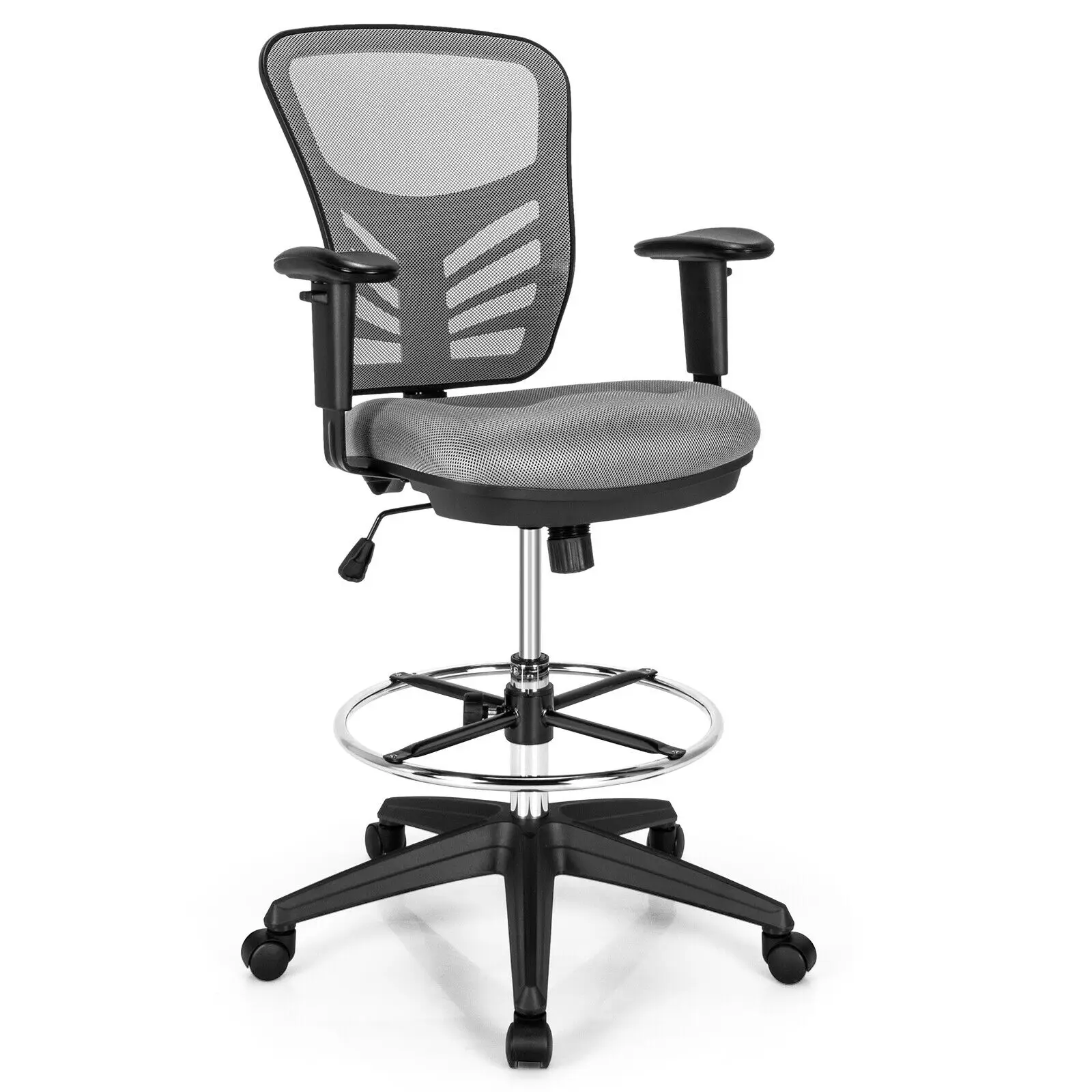 Costway Mesh Drafting Chair Office Chair w/Adjustable Armrests & Foot-Ring Grey