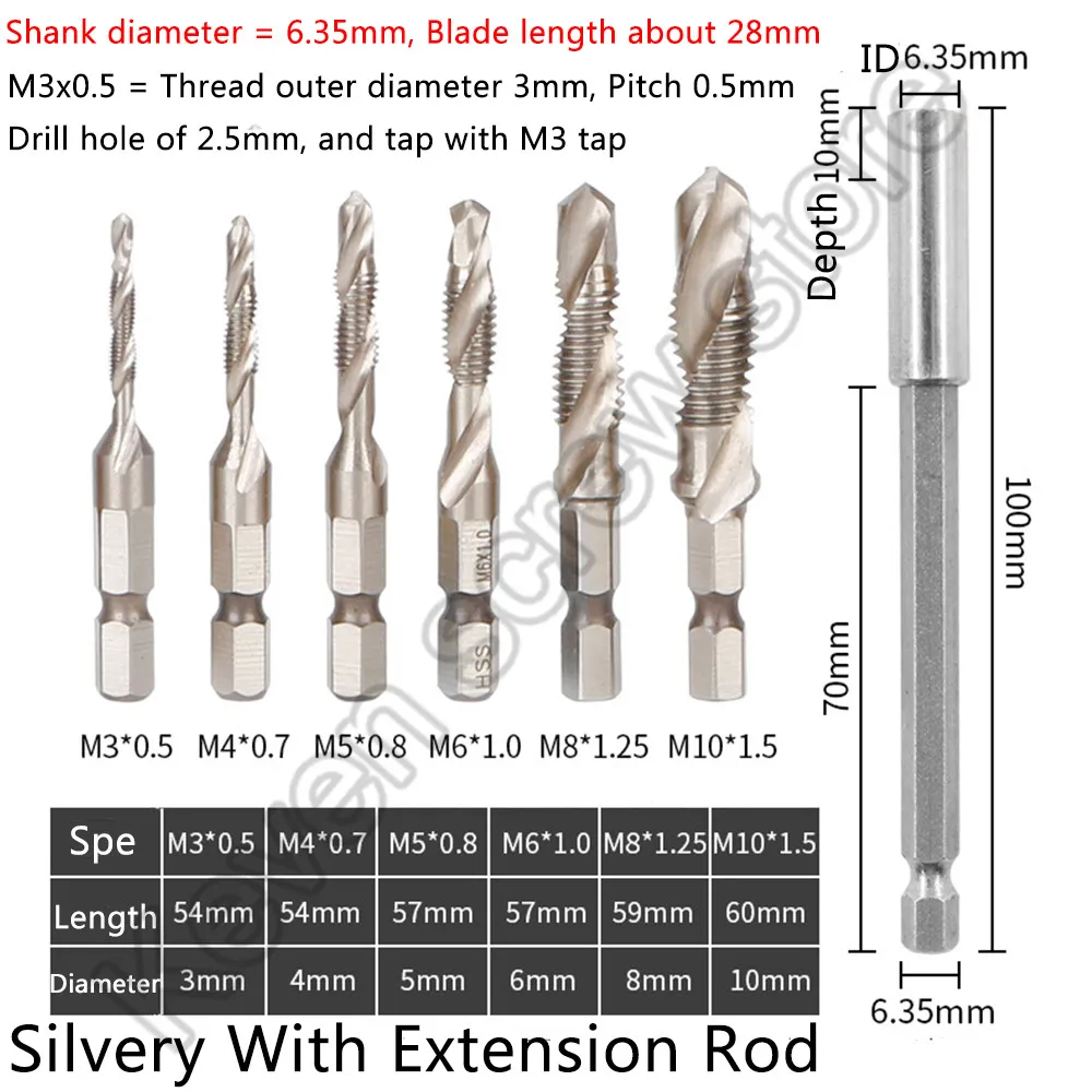 6PCS Titanium Plated Hex Shank HSS Screw Thread Metric Tap Drill Bits Screw Machine Compound M3-M10 Hand Tools