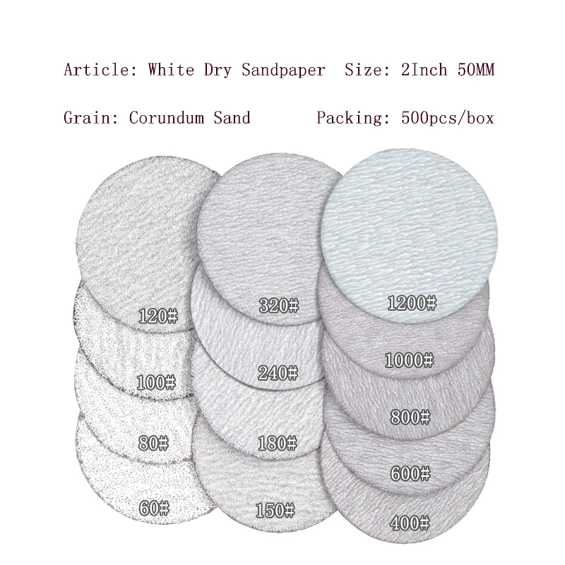 100PCS 2 Inch 50mm Sanding Discs Hook & Loop White Dry Grinding Abrasive Sandpaper 60 to 1200 Grit for Wood Metal Car Sanding