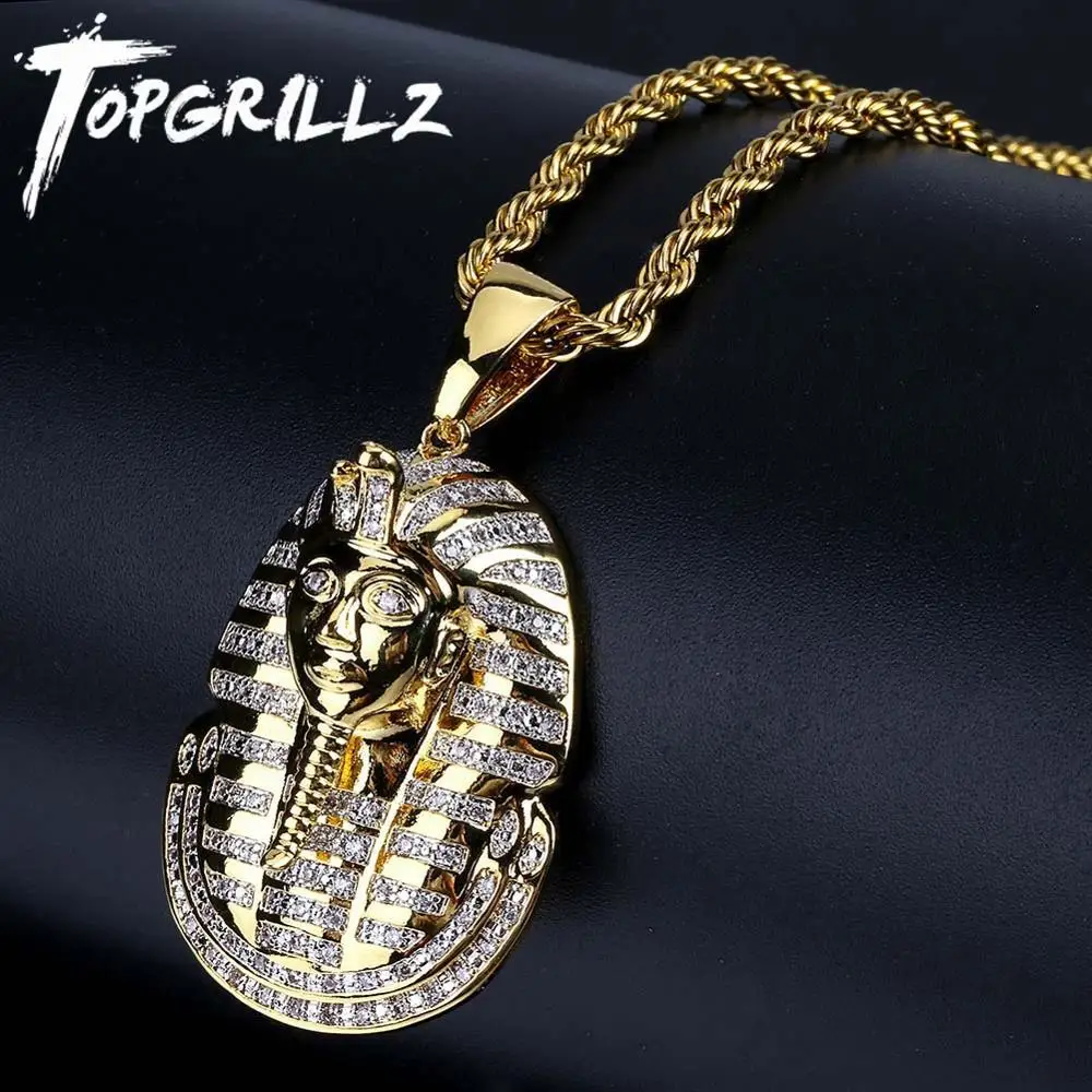 

TOPGRILLZ Hip Hop Jewelry Iced Out Gold Color Plated Micro Pave CZ Stone Egyptian Pharaoh Pendant Necklace Three Chain 24 In