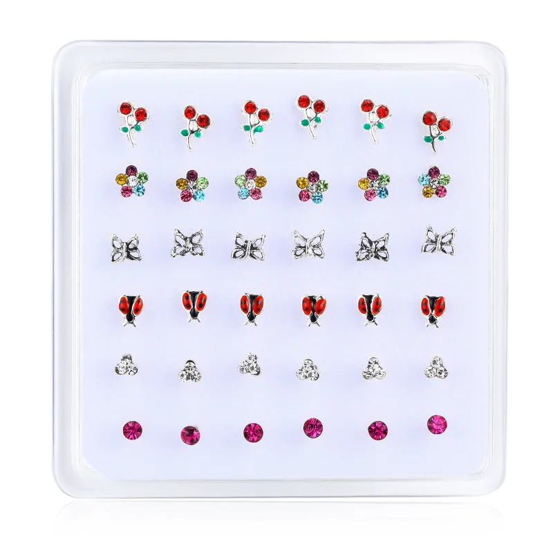 36pcs/pack 925 sterling silver nose stud ear Cherry Flower Butterfly ladybird straight pin nose piercing nostril body jewelry