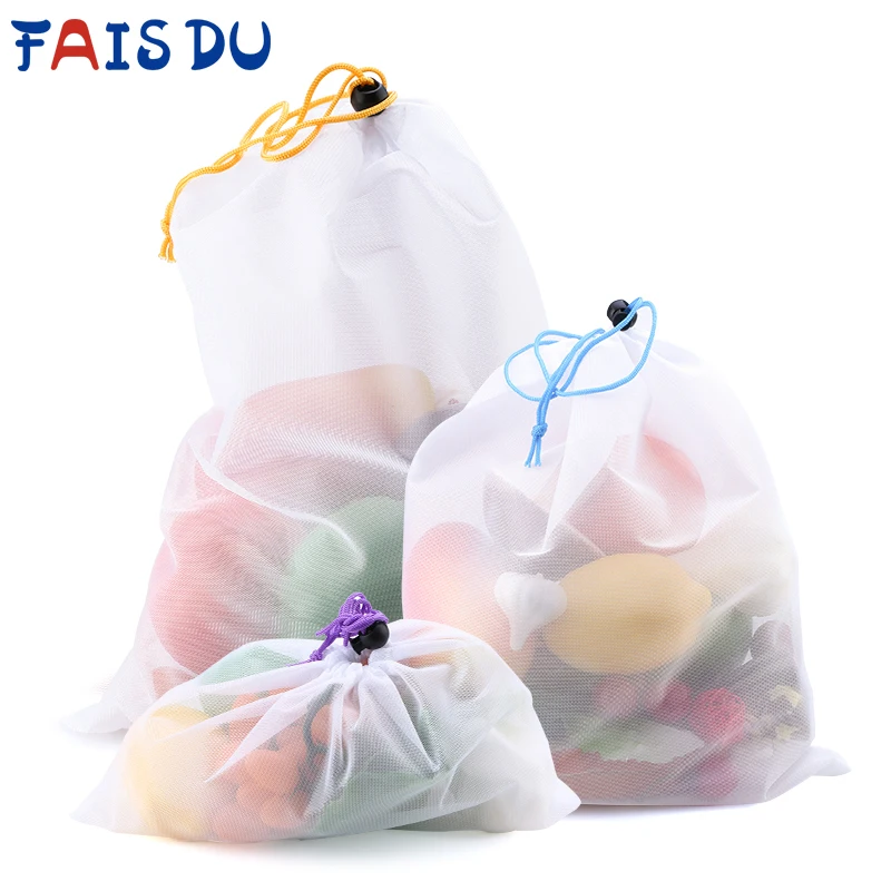 3/9/15pcs Fruit Vegetable Storage Mesh Bags Reusable Net Bags Kitchen Food Organizer Washable Toys Grocery Storage Packaging Bag