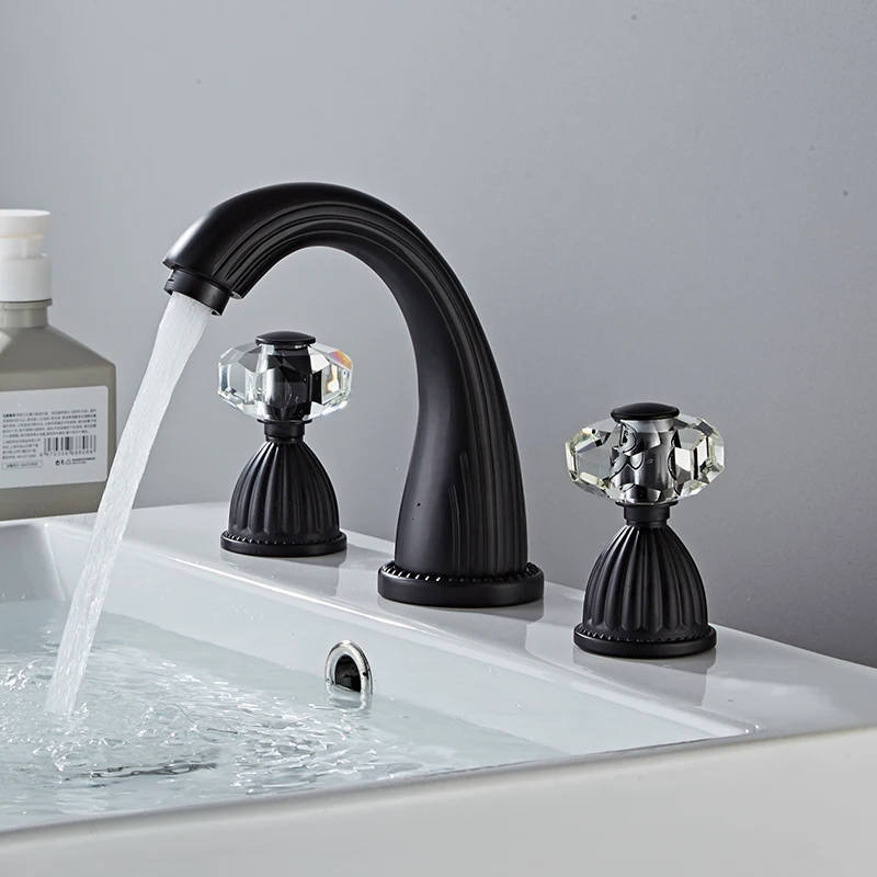 

Basin Mixer Faucets Black Brass Bathroom Sink Faucet 3 Holes Double Crystal Handle Hot and Cold Water Gold Bathroom Bathtub Taps