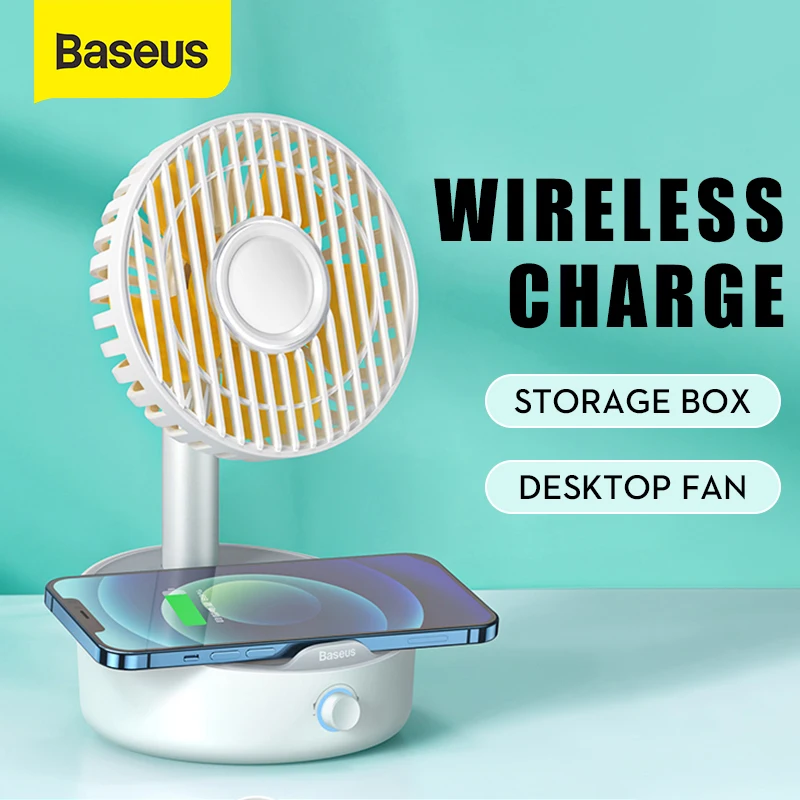 

Baseus Desktop Fan Wireless Charger For iPhone Huawei Xiaomi Samsung Support 10W Cooling Portable Fan Phone Charger Storage Box