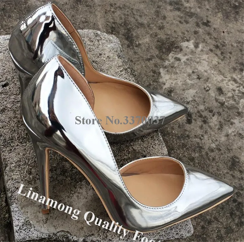 

Linamong Sexy Patent Leather Pointed Toe Shallow Stiletto Heel Pumps 12cm Nude Black Shining High Heels Formal Dress Shoes