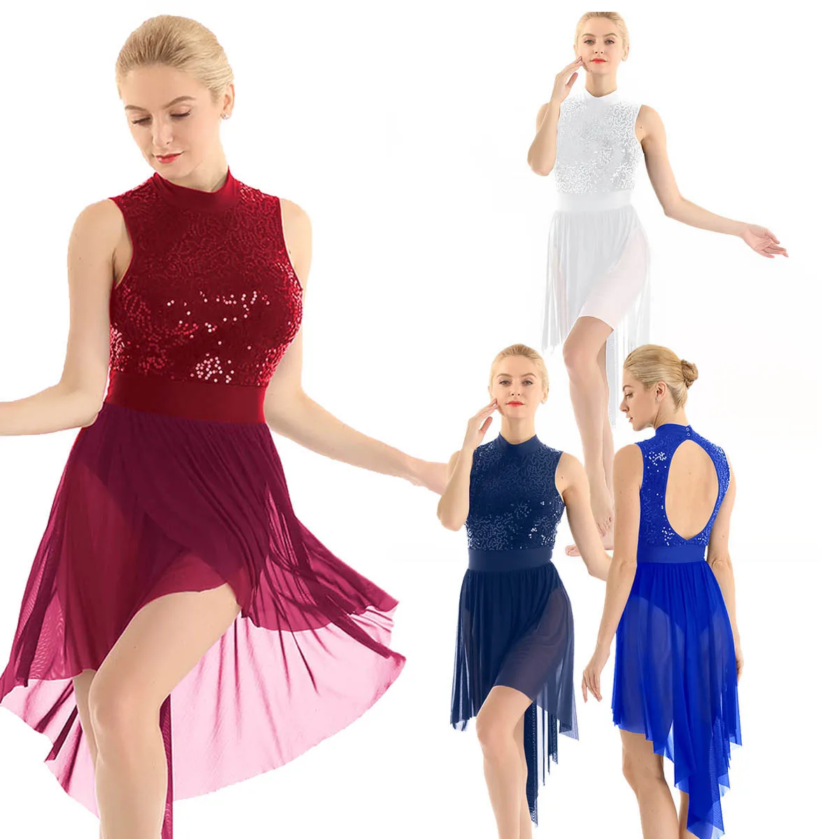 Frauen Glänzenden Pailletten Gymnastik Trikots Halter Ärmel Tutu Ballett Eiskunstlauf Kleid Lyrical Dance Kostüme