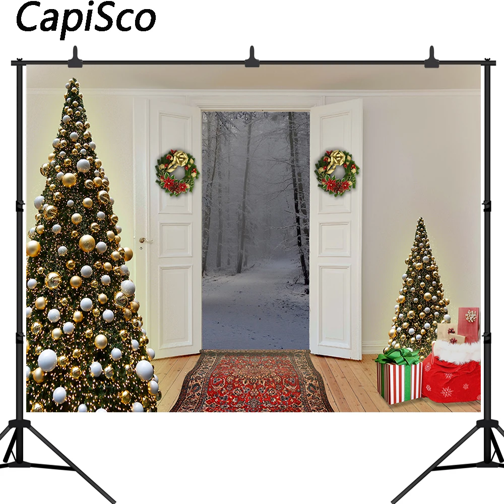 Capisco Christmas Photography Background Tree Wreath Door  Backdrops Snow Forest Family Party Decoration Photo Portrait Props