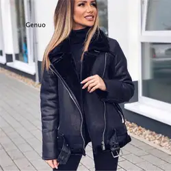 Faux Leather Jackets Women New Winter Thick Warm Suede Lamb Black Outwear Female Aviator Retro Lapel Velvet Fur One Coat Woman