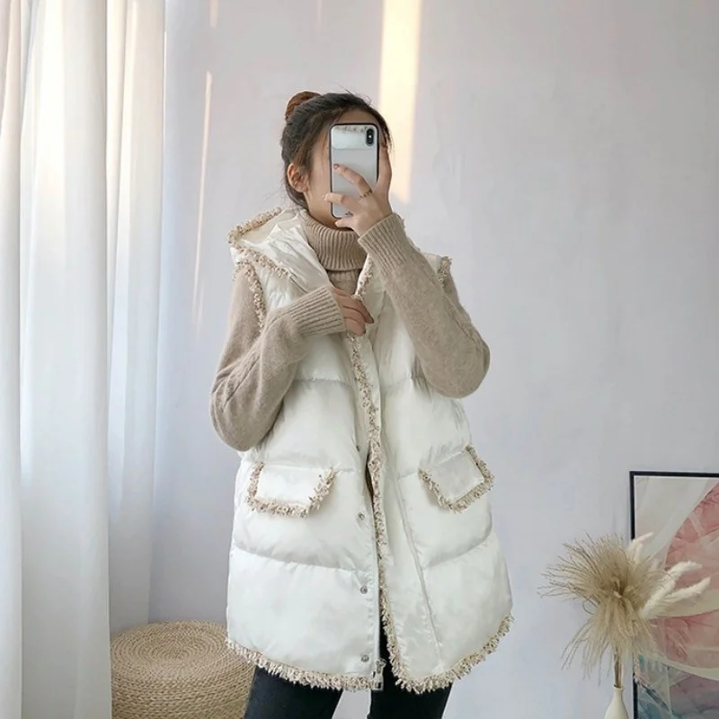 

Winter Fashion Warm Hooded Down Jacket Women Loose Fit Tassel White Black Down Vest Single Breasted Thicken Sleeveless Jacket