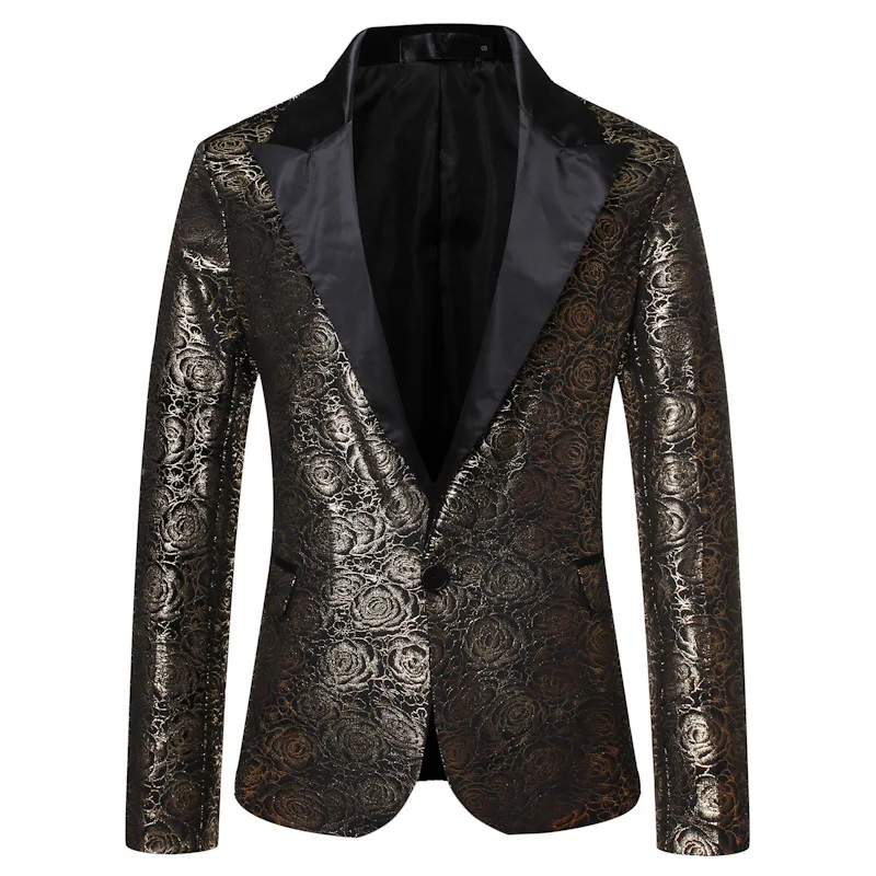 Mens Shiny Gold Rose Floral Foil Print Blazer Jacket Slim Fit One Button Blazer Men Party Club Wedding Stage Clothes for Singers