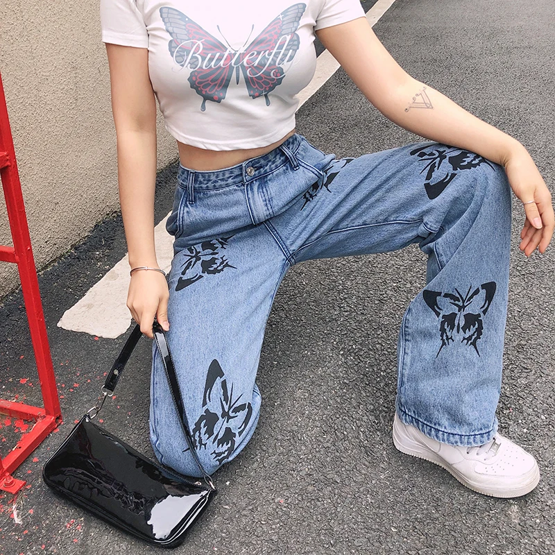 Women\'s High Waisted Jeans Butterfly Print Straight Wide Leg Denim Pants Baggy Loose Casual Trousers Streetwear