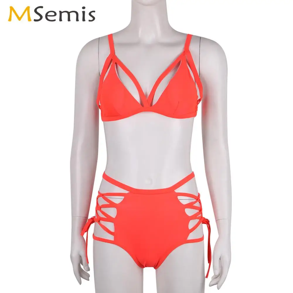 

Womens Sexy Hollow Out Strappy Bikini Set Summer Beach Party Swimsuits Erotic Push Up Bra Top+High Waist Lace Up Briefs Lingerie