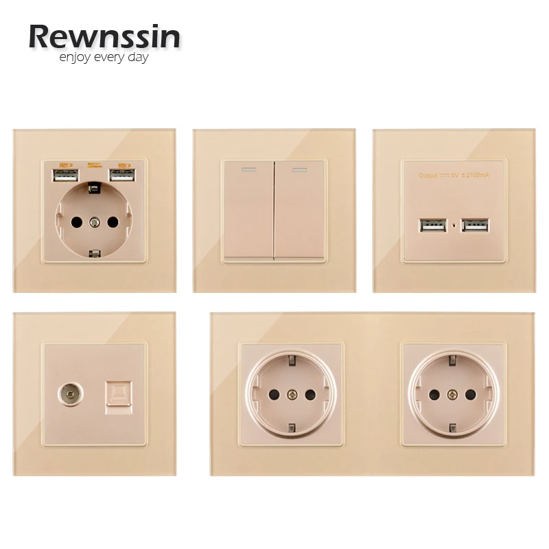 

Luxury Gold Electrical Outlets,Rocker Switch Light Switches,Network Data Interface Sockets，1/2 Gang EU/FR usb Wall plug Sockets