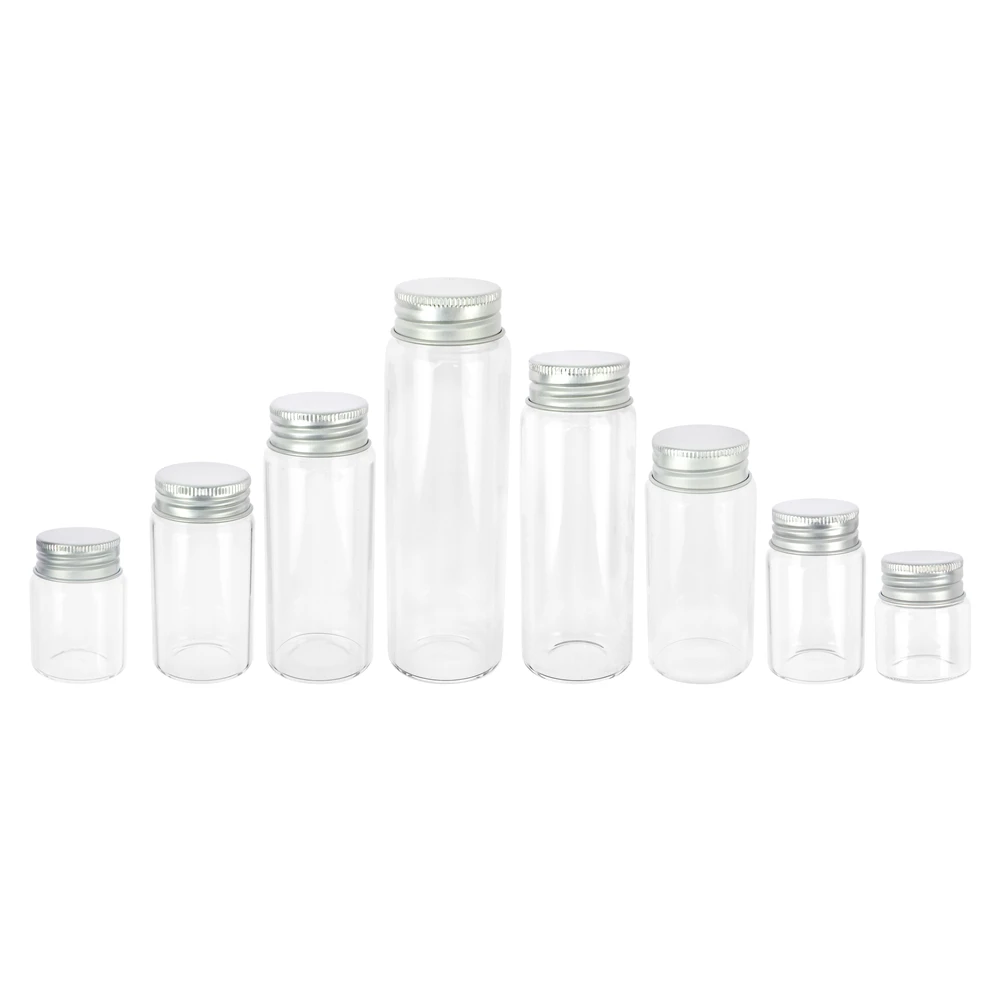 

25ml 30ml 40ml 50ml 60ml 70ml 80ml 90ml Glass Bottle With Silver Screw Aluminum Cap Spice Food Container Jars Vials DIY 24pcs