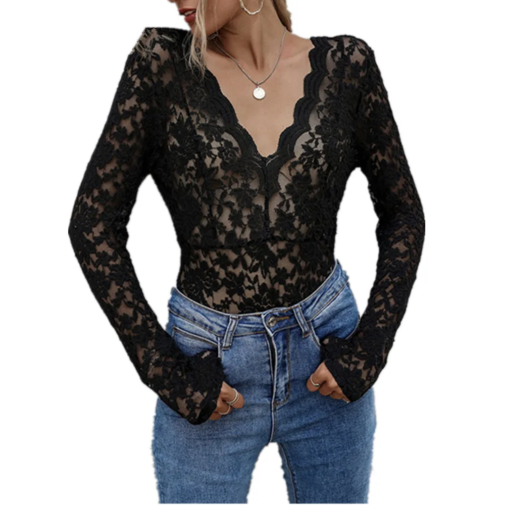 Ladies Casual Black Lace Hollow Out See-Through Top And Blouse Women Autumn Sexy V-Neck Long Sleeve Backless Tie Elegant Blouses