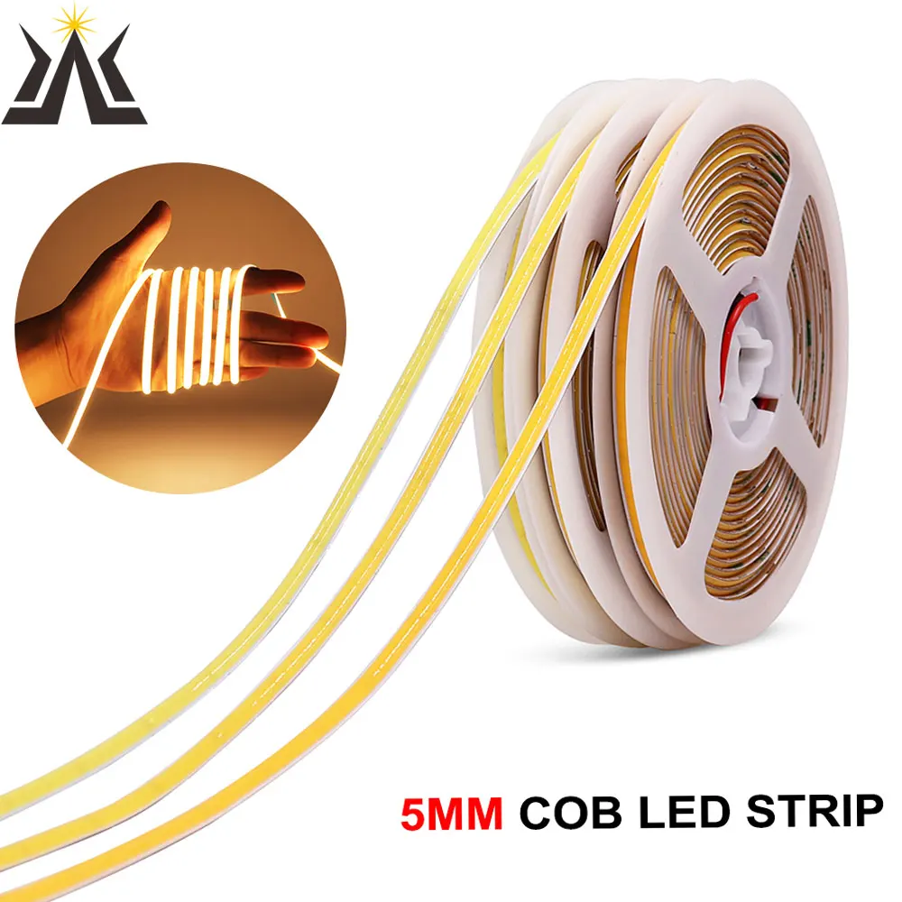 Tira de luz LED COB flexible muy delgada de 5 mm 24 V 12 V alto brillo CRI 90 Rojo Verde Rosa Amarillo Color azul hielo FCOB Cinta LED para techo de