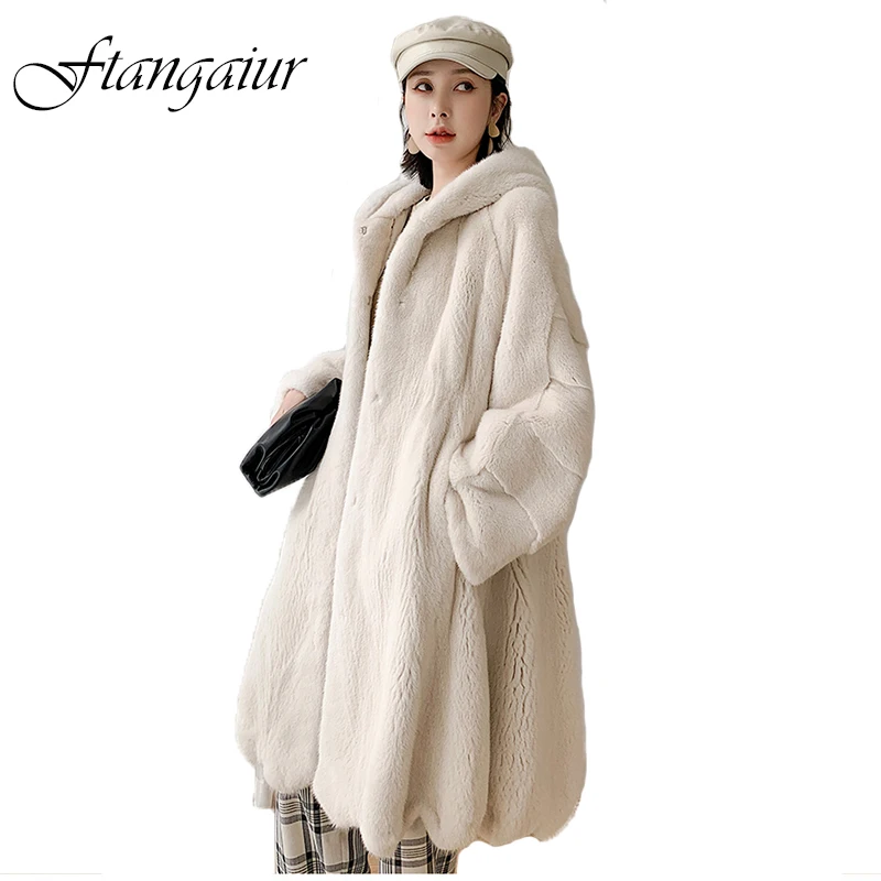 

Ftangaiur NEW Winter Imported Purple Velvet Mink Fur Coat With Fur Hood Women Medium Pure Natural Real Mink Fur Coats