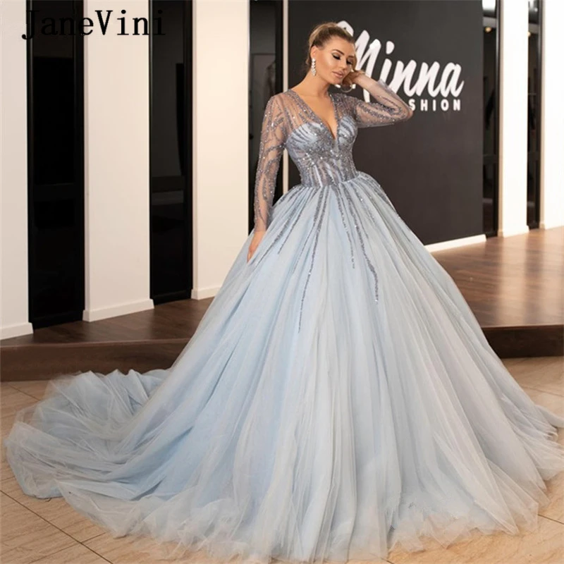 Janevini di Lusso Arabo Maniche Lunghe Abiti Stile Quinceanera 2020 Puffy Abito di Sfera Profondo Scollo a V in Rilievo di Cristallo di Tulle Pageant Prom Gowns