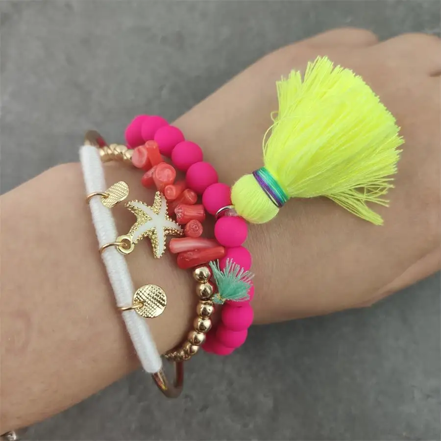 New Fashion Rubber Plated Beads Elastic Bracelets with Colorful Big Tassel For Woman Summer Beach Vocation Jewelry