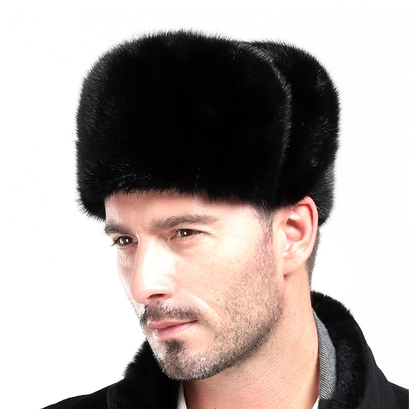 

winter hat earflap men real mink fur hats fur protect ear warm enough russian ushanka Genuine Leather bomber hat