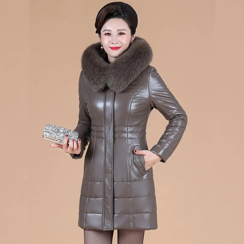 L-8XL Women Long Leather Coat Winter 2024 Mother Sheepskin Outerwear Thicken Warm Camel Overcoat Fur Collar Hooded Jacket Female